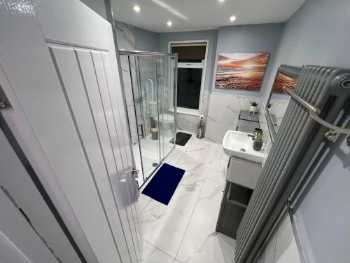 a bathroom with a shower and a sink at Victoria Maidstone Tranquil Retreat in Maidstone