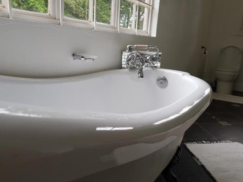 a white bath tub in a bathroom with a toilet at Coach House Bed and Breakfast in Greytown