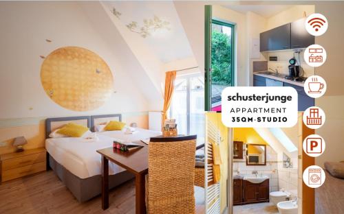 a bedroom with a bed and a desk in a room at SCHUSTERjunge Aparthotel I Zentral I Studio Apartments I Küche & Bad I Parkplatz in Sasbachwalden