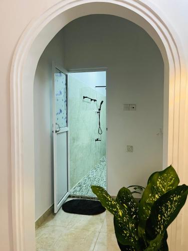 a bathroom with a shower and a plant at Manthraa Holiday Apartment in Ratgama Hegoda