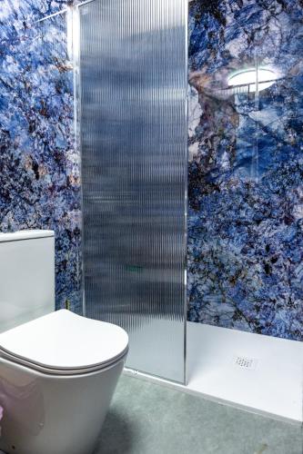 a bathroom with a toilet and a glass wall at Αρχοντικό Παπαγιάννη in Edessa