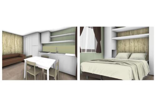 two pictures of a bedroom with a bed and a table at Pra' delle Torri Village in Caorle
