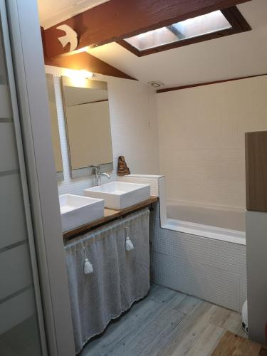a bathroom with two sinks and a mirror at Villa la Roseraie chambre avec sdb privée in Montpellier