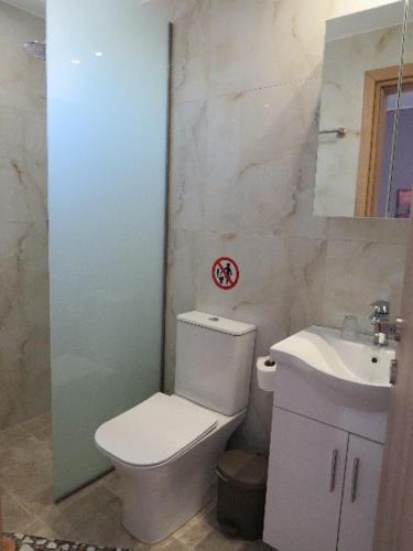 a bathroom with a white toilet and a sink at IASONAS APARTMENTS in Mastihari