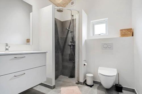 a white bathroom with a shower and a toilet at 20422-Samso-Egernvej-16 in Ballen