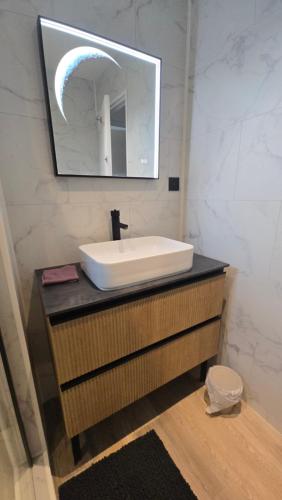 a bathroom with a white sink and a mirror at L'ALPETTE maison 3 pièces 2 chambres tout confort in Vernouillet