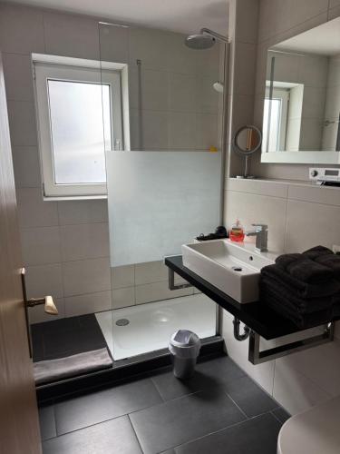 ein Badezimmer mit Waschbecken und Dusche in der Unterkunft Apartment Simone in Lörrach