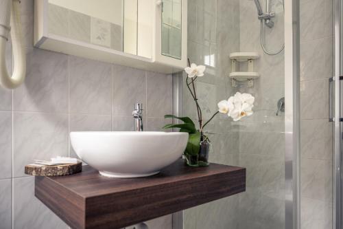 a bathroom with a white bowl sink on a wooden counter at Hotel Morandi in Valbondione
