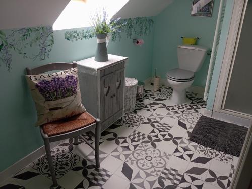 a bathroom with a toilet and a chair at La Gerbaudiere Chambres&Table d hotes proche Mont Saint Michel CUISINE MAISON in Notre-Dame-du-Touchet