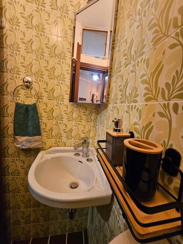 a bathroom with a sink and a mirror at Dimora Paradise in Laglio