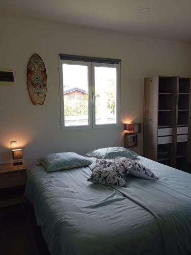 a bedroom with a bed with two pillows and a window at Studio CARAIBE in Saint-François
