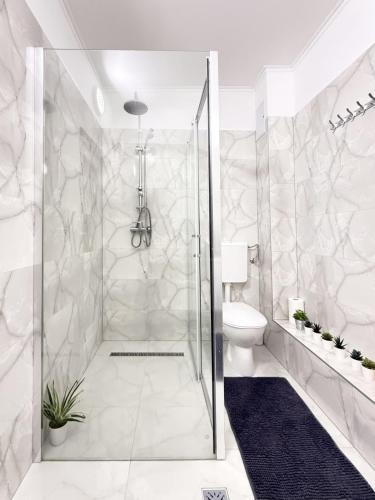 a white bathroom with a shower and a toilet at Villa J'adore in Crasna