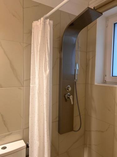 a shower with a white shower curtain in a bathroom at Petrino in Levidi