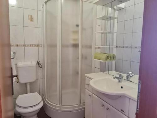 a bathroom with a shower and a toilet and a sink at Apartmani OREBIĆ in Orebić