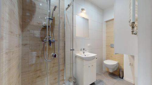 a bathroom with a shower and a toilet and a sink at Studio Fibra Dolce in Rybnik