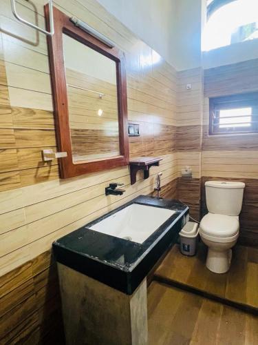 a bathroom with a toilet and a black sink at Brown Birds Villa in Tangalle