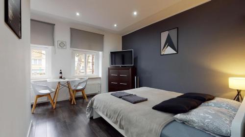 a bedroom with a bed and a table and a television at Studio Fibra Doppio in Rybnik