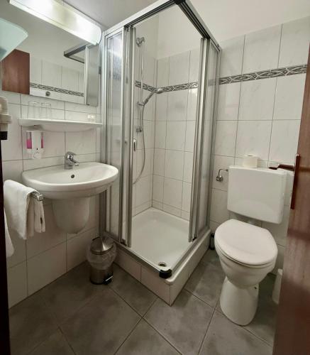 a bathroom with a shower and a toilet and a sink at Hotel Restaurant Lüdenbach in Overath