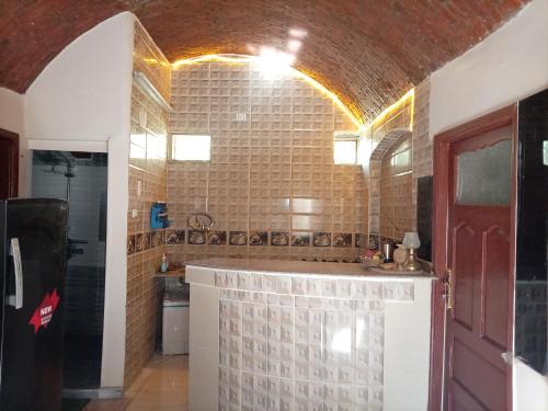 a kitchen with a brick wall and a red door at Hamd Nubian Guest House in Aswan