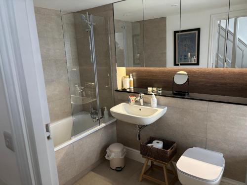 a bathroom with a sink and a shower and a toilet at May Townhouse in Ulverston
