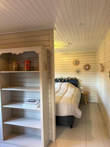 a small bedroom with a bed and a book shelf at Casa Rosa - Sfeervolle cottage met jacuzzi in Erm