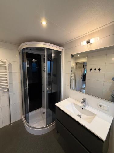 a bathroom with a shower and a white sink at Casa Rosa - Sfeervolle cottage met jacuzzi in Erm