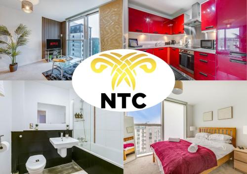 a collage of photos of a kitchen and a bathroom at Ruby City Stay Apartment CMK Free Parking in Milton Keynes