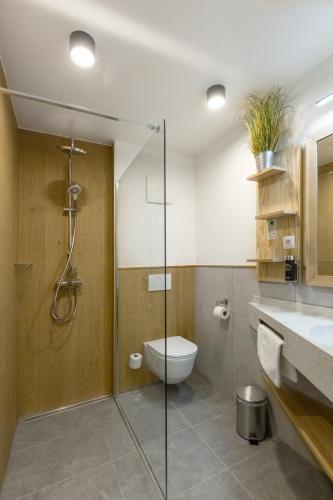 a bathroom with a shower and a toilet and a sink at StadlTraum Falkenberg in Moosach