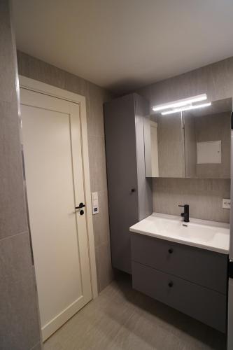 a bathroom with a sink and a white door at Cherry Rooms in Tromsø