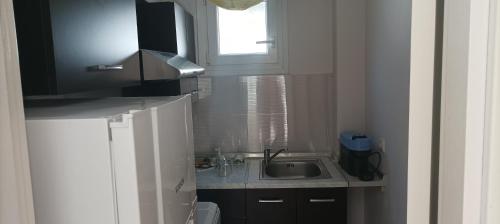 a small kitchen with a sink and a window at Dimitra Apartments in Keramoti