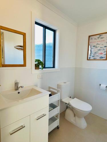 a bathroom with a toilet and a sink and a mirror at Anchored at Eba in Eba Island