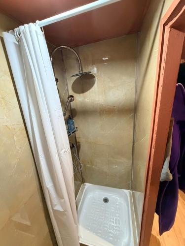 a shower with a glass door and a shower curtain at Hotel Comédie - Place De La Comédie Opéra in Montpellier