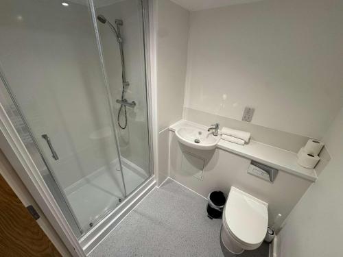 a bathroom with a shower and a toilet and a sink at Studio Flat Close to Queen Square - Flat 2A in Bristol