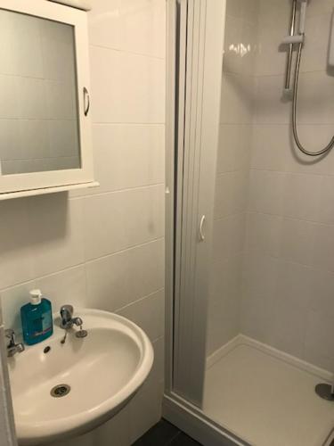 a bathroom with a sink and a shower with a mirror at Wheal Rodney Holiday Park in Marazion