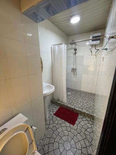 a bathroom with a shower and a toilet and a sink at TRENDY INN LTD in Lagos