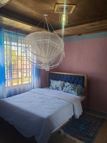a bedroom with a large bed with a chandelier at Balozi Homes Nyeri in Nyeri