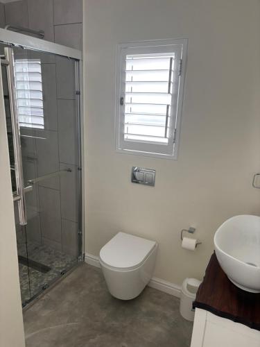 a bathroom with a toilet and a sink and a shower at Seascape in Dwarskersbos