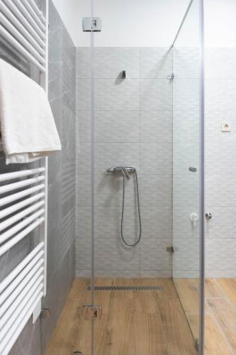 a shower with a glass door in a bathroom at Csaba Vendégház in Izsák