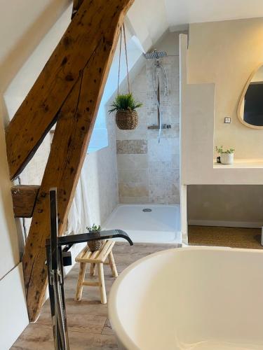 a bathroom with a bath tub and a shower at Gîte grand confort 15 personnes - Le Domaine - Wimereux in Wimereux