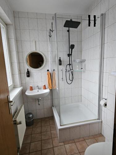 a bathroom with a shower and a sink at Seepavillon Rheinsberg in Rheinsberg