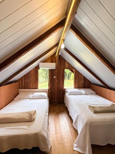 two beds in a room with wooden walls and windows at Pousada Passig in Guaramirim