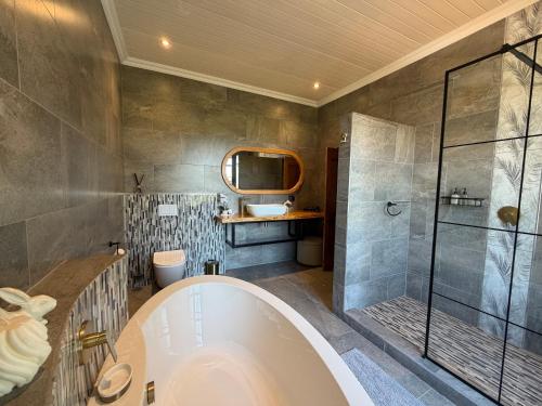 a bathroom with a tub and a shower at Windkraal Farm House in Bonnievale