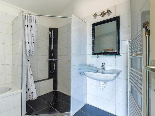 a bathroom with a sink and a shower and a mirror at Aquaronde 117 in Lemmer