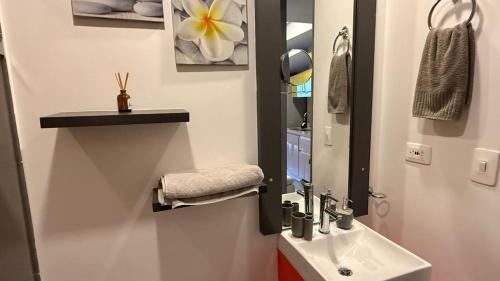 a bathroom with a sink and a mirror at Loft Cool Equilibrium in Bogotá