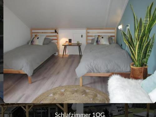 a bedroom with two beds and a table with a plant at Park De Markol Love Lemmer in Lemmer