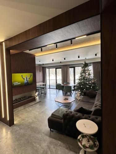 a living room with a couch and a tv at X2 4Rest Bakuriani in Bakuriani