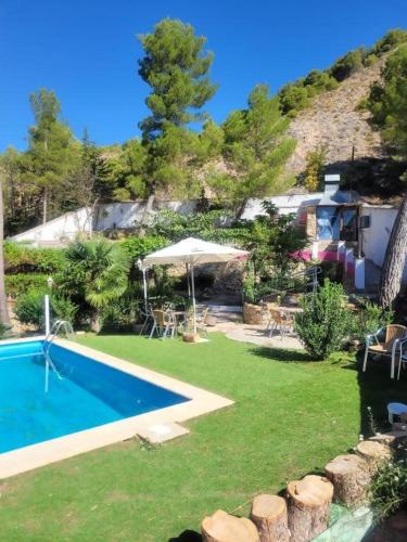 a yard with a swimming pool and a house at Villa Pachita (por habitaciones) in Alhama de Aragón