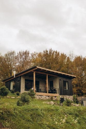 an old house in a field with trees at Гірські будиночки in Zhdenievo