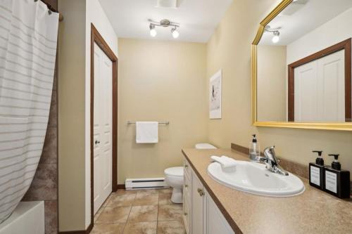 a bathroom with a sink and a toilet and a mirror at Cozy Golfside Oasis Fireplace and Terrace in Mont-Tremblant