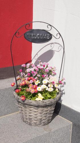 a basket with flowers in it sitting next to a wall at Ferienhaus am Flaumbach in Blankenrath